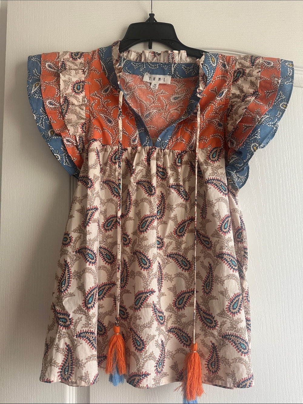 THML Paisley Flutter Sleeve Top with Orange Tassels